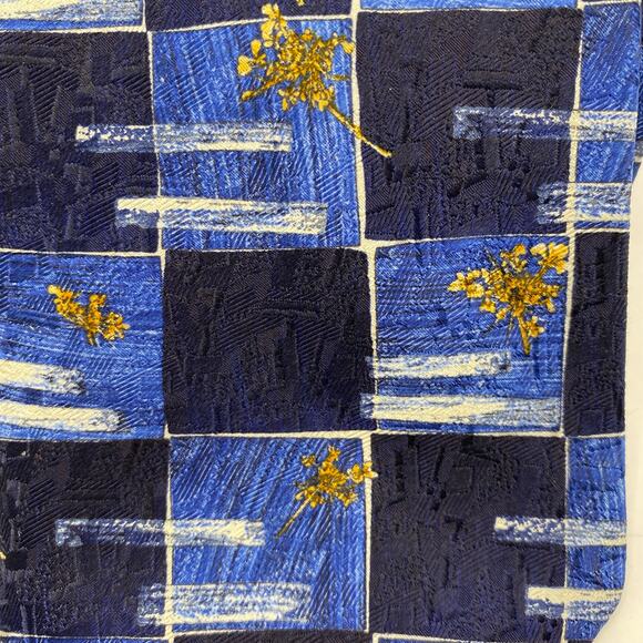 Ermenegildo Zegna Men' Silk Tie Necktie Navy Check Boho Gold Floral Branch Italy - Picture 2 of 8